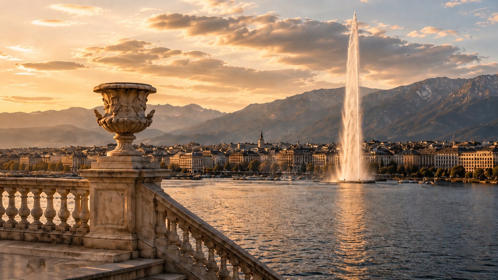 Genève au crépuscule, vue sur le jet d'eau
